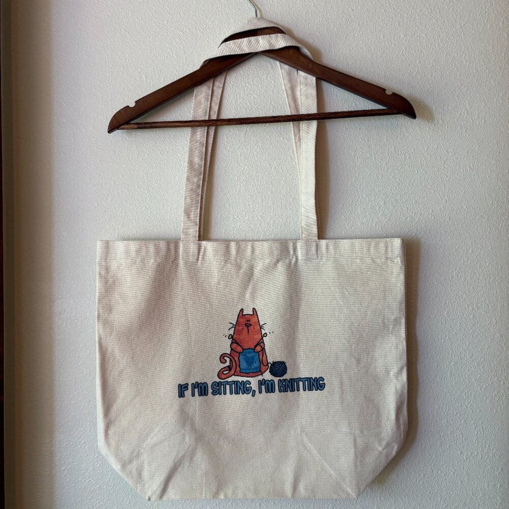Orange Tabby Cat Knitting Canvas Tote Bag Knitters Cat Lady Person Beige Canvas - Picture 3 of 7